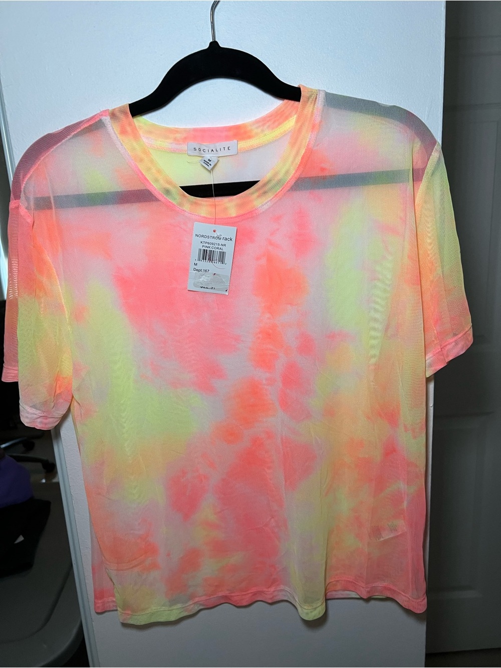 Socialite Nordstrom Sheer Tie-Dye Tee in Coral Pink & Neon Yellow